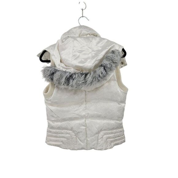 Y2K Bebe White Quilted Hooded Vest Faux Fur Trim M Logo Print Chic City - Picture 7 of 11